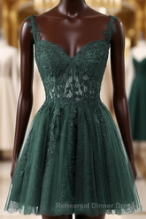 V-Neckline Dark Green Tulle With Lace Short Homecoming Dress, Green Short Semi Formal Prom Dress